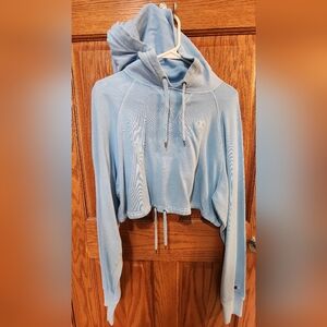 Vintage Champion Women's Blue Cropped Hoodie